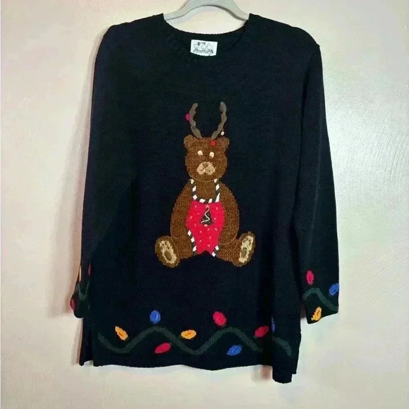 Quacker Factory Women Knit Christmas Holiday Sweater Teddy Bear Reindeer Medium‎ - Picture 1 of 4